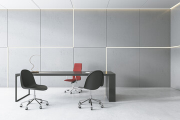 Contemporary concrete office interior with furniture. 3D Rendering.