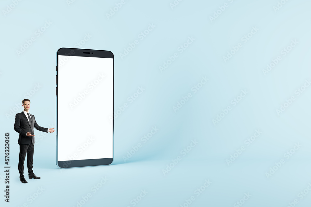 Poster mobile, online and digital service concept with businessman points to blank white modern smartphone 