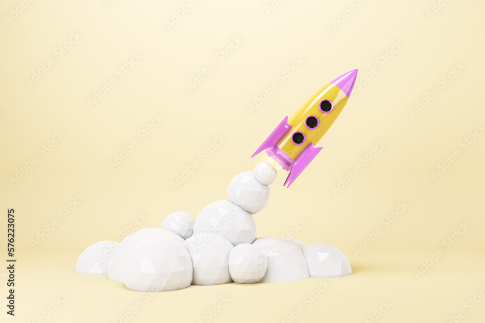 Poster launching rocket on pink background. start up, new beginning and success concept. 3d rendering.