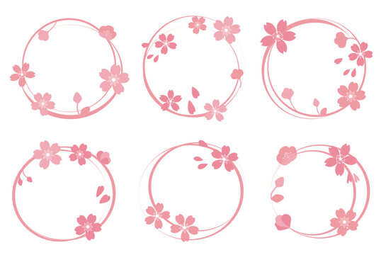 Set of Cherry blossom round wreath. Spring flower wreath collection. Spring floral design elements for frame, greeting card, event promotion and graphic design. Vector illustration.