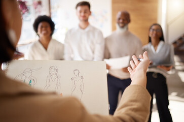 Fashion designer, presentation and people meeting at casting agency for creative sketch, illustration or artist recruitment. Drawing, design or clothes production woman for proposal or idea pitch