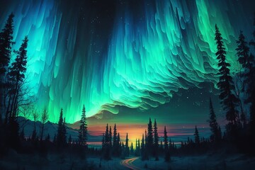 Colorful northern light illustration. Neon aurora borealis. Bright neon polar lights landscape. Generative AI