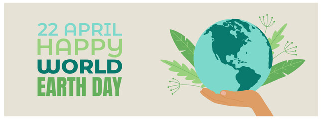 World Earth day concept, hands holding globe.  International Mother Earth Day. Caring for Nature concept. Banner template vector illustration.