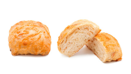 Freshly baked cheese buns isolated on white background. Whole bun and cut into halves.