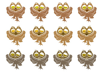 Horned owl flapping wings with different facial expressions. Iconic color illustration.	