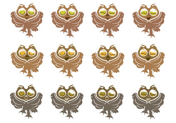 Horned owl flapping wings with different facial expressions. Iconic color illustration.