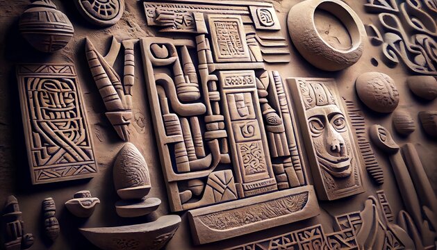 A sandstone texture with intricate carved symbols and hieroglyphs, creating a sense of mystery and antiquity. The texture is rough and uneven, with deep grooves and patterns etched into the surface