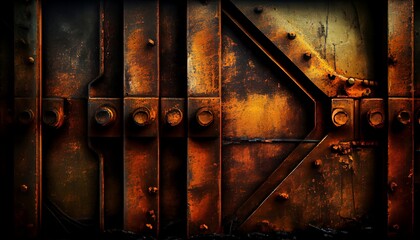 A metallic texture with rust and decay, creating an industrial and grungy feel. The rust is textured and detailed, with varying shades of orange and brown. The metal itself has a rough, aged look - obrazy, fototapety, plakaty
