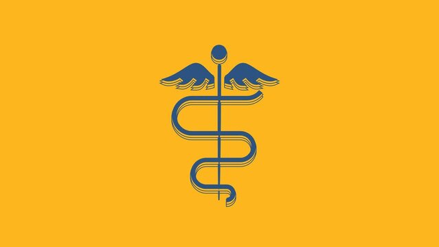 Blue Caduceus snake medical symbol icon isolated on orange background. Medicine and health care. Emblem for drugstore or medicine, pharmacy. 4K Video motion graphic animation