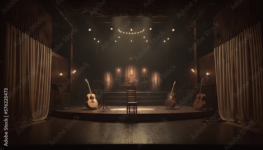Poster generative ai of an old theater stage with a stage and musical instruments