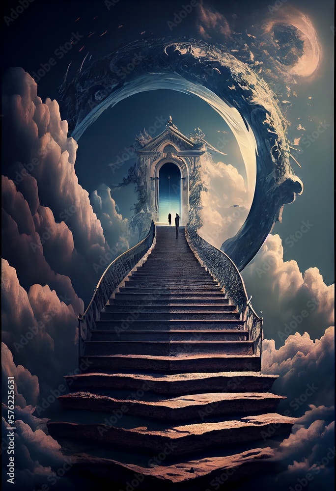 Poster conceptual image of a man on a stairway to heaven. generative ai