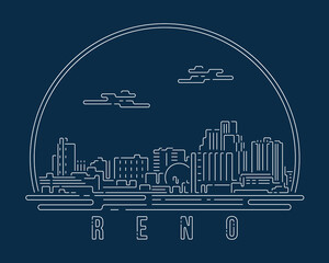 Reno - Cityscape with white abstract line corner curve modern style on dark blue background, building skyline city vector illustration design