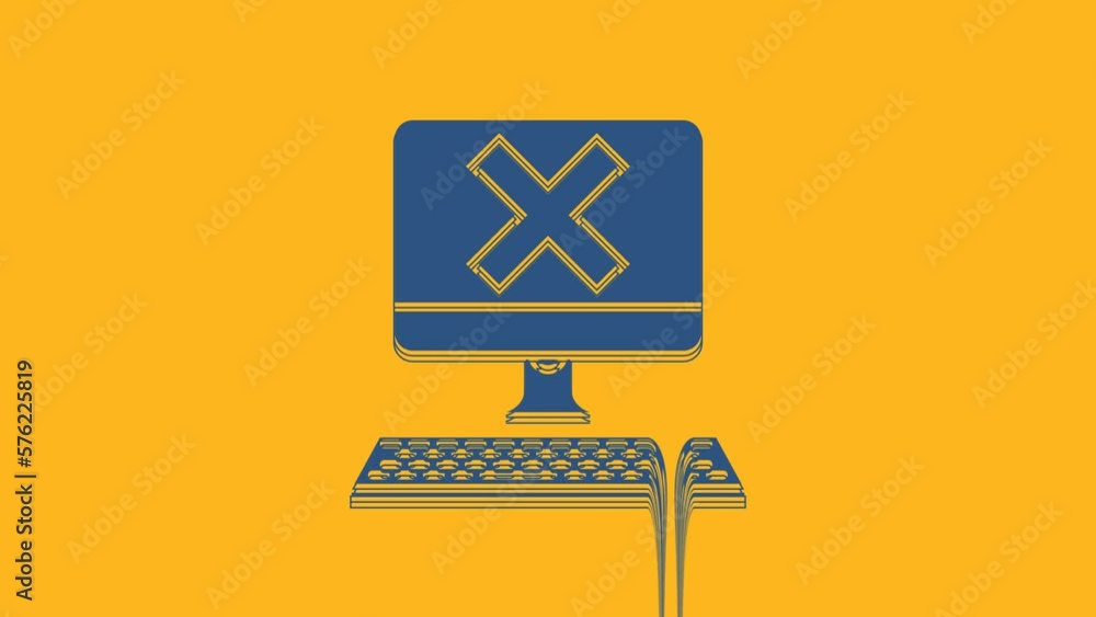 Poster blue computer with keyboard and x mark icon isolated on orange background. error window, exit button
