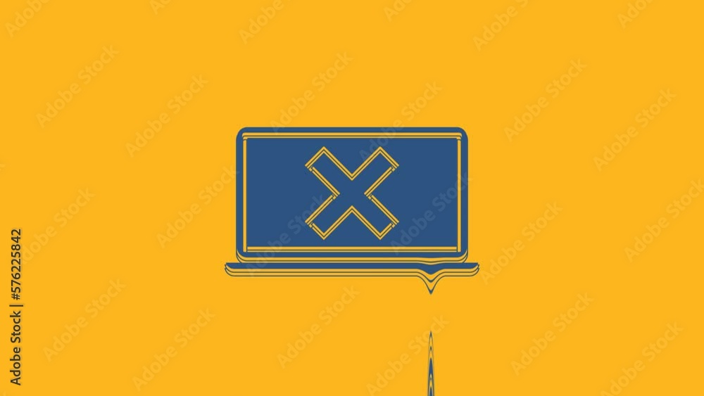 Poster blue laptop and cross mark on screen icon isolated on orange background. error window, exit button, 