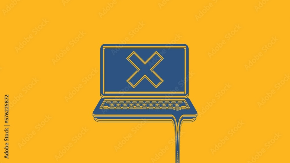 Poster blue laptop and cross mark on screen icon isolated on orange background. error window, exit button, 