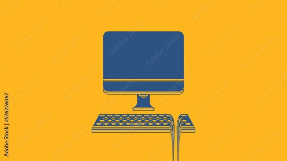Poster blue computer monitor with keyboard icon isolated on orange background. pc component sign. 4k video 