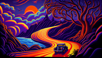 Hermoso paisaje de ondas sintéticas, coche conduciendo por la carretera, azul morado rojo naranja, colores neón brillantes sobre fondo oscuro, de ensueño, vintage