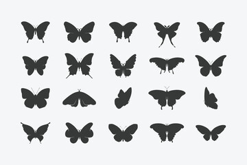 Obraz na płótnie Canvas Black Butterfly Icons. Butterfly Silhouettes Set. Tick ​​symbol in black color, vector illustration. 