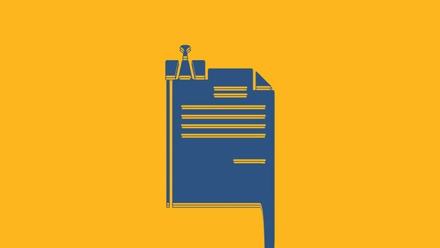 Blue File document and binder clip icon isolated on orange background. Checklist icon. Business concept. 4K Video motion graphic animation