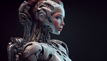 Androide humanoide robot femenino biónico , ilustración generada con IA - obrazy, fototapety, plakaty