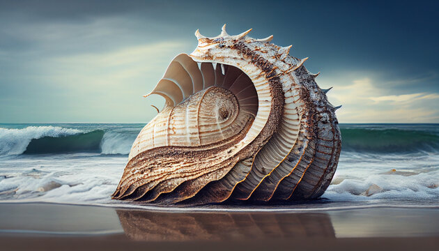 Caracola en primer plano en la orilla de la playa ba&ntilde;ada por las olas que rompen en la arena.