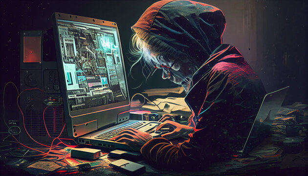 Hacker inform&aacute;tico robo de datos , virus troyano , suplantaci&oacute;n de  identidad ,concepto de spam , phishing y maldad en la red y la manipulaci&oacute;n inform&aacute;tica y las criptodivisas , generada con IA.