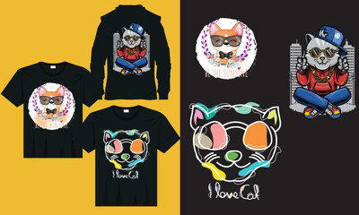 I love cat t-shirt design, Cute cat character vector illustration, Cute animal puppy cool with glasses illustration