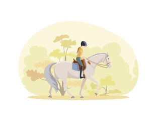 Girl on a gray horse rides in an autumn park