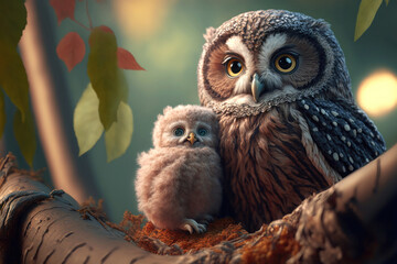 A Precious Bond: An Endearing Portrait of a Mother and Baby Owl. Generative Ai