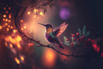 Nature's Beauty: Hummingbird Amongst the Trees and Flowers. Generative Ai - obrazy, fototapety, plakaty