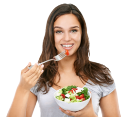 Beautiful excited diet-conscious female model eating healthy, nutritious salad as a healthy food lifestyle for wellness and strict diet isolated on png background.