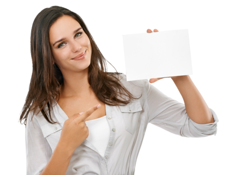 A female model holding a blank paper or card and pointing to a mockup poster for advertising, marketing, or branding sign isolated on a png background - Powered by Adobe