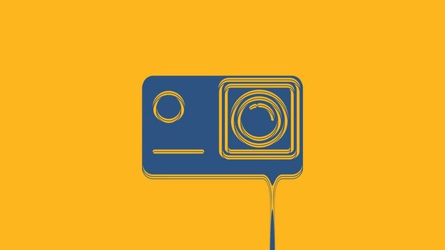 Blue Action extreme camera icon isolated on orange background. Video camera equipment for filming extreme sports. 4K Video motion graphic animation