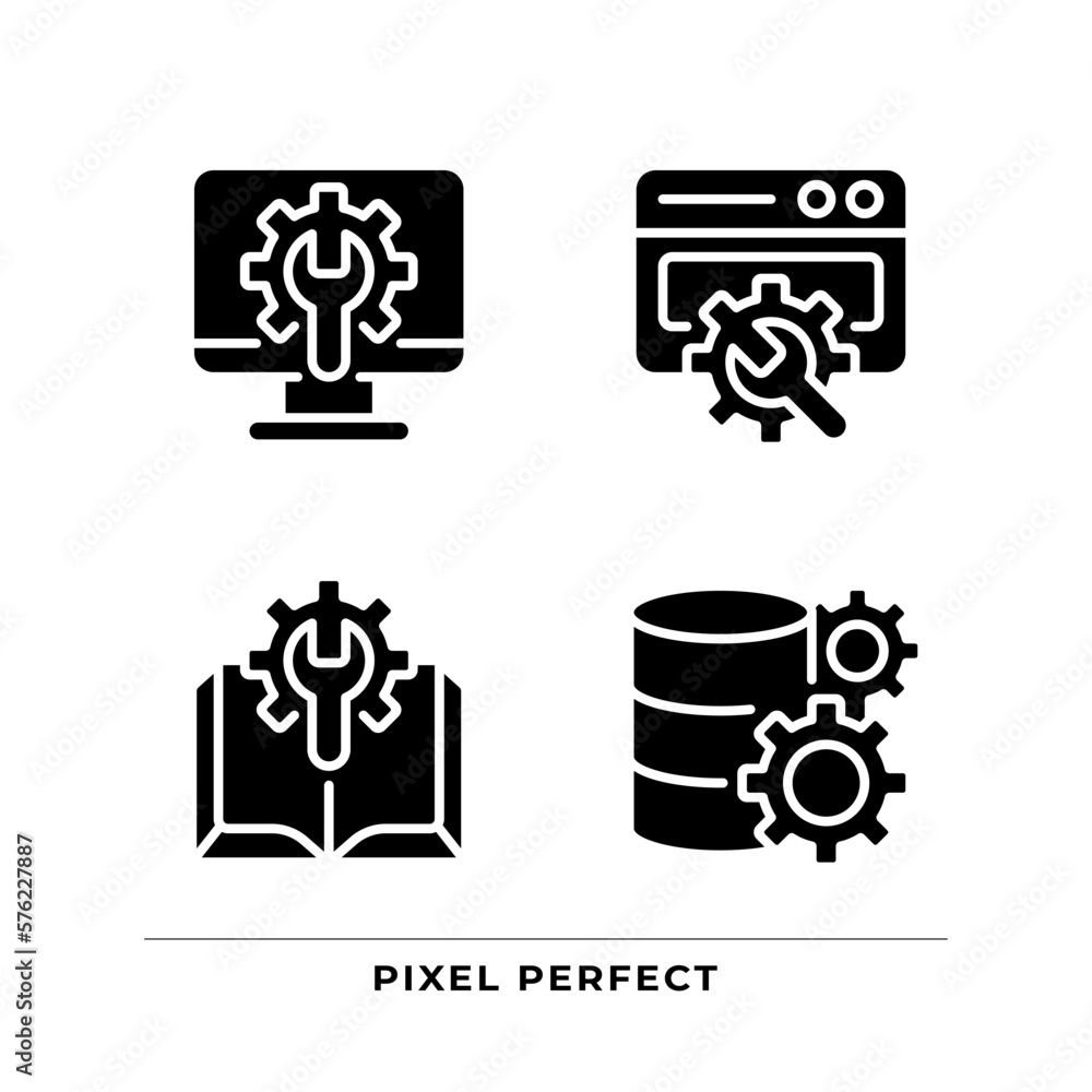 Poster computer system settings black glyph icons set on white space. technical manual. data storage config