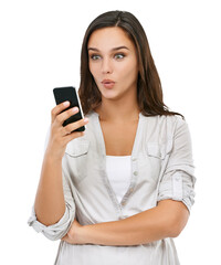 A surprised or shocked girl receives an exciting offer or a shocking notification over a phone sms...