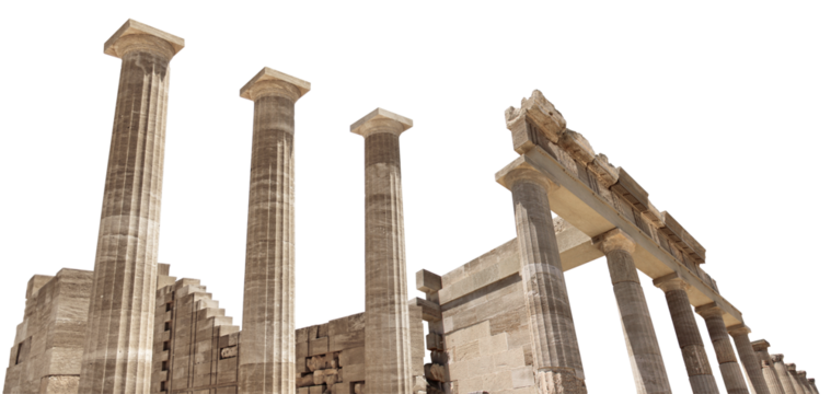 Ancient Greek antique temple facade stone ruins and columns isolated