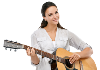 A young beautiful talented female creative art and music lover playing his favorite inspirational song on acoustic guitar for concert practice isolated on a png background