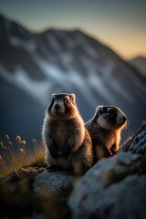 Playing Alpine Marmot Enjoying Life in the Wild on an Alpine Meadow