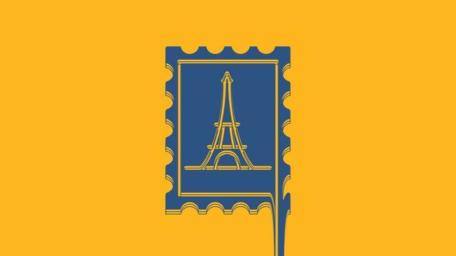 Blue Postal stamp and Eiffel tower icon isolated on orange background. 4K Video motion graphic animation