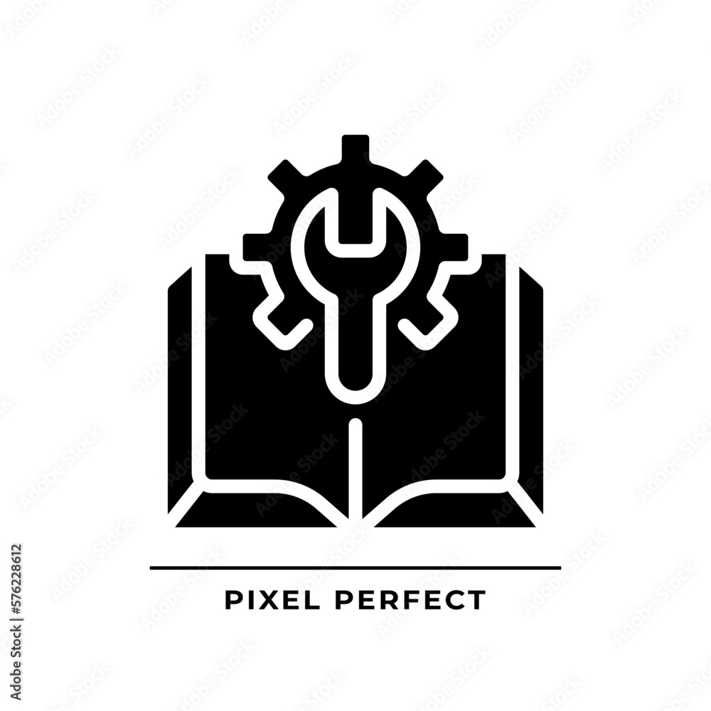 Poster manual black glyph icon. technical instructions. read knowledge base. faq. system settings guidebook