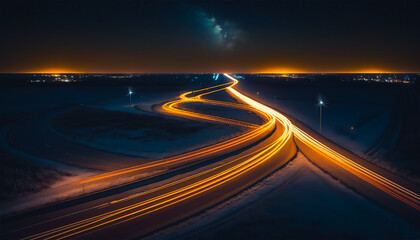 Obraz premium Aerial view of highway with car light trails at night Generative AI