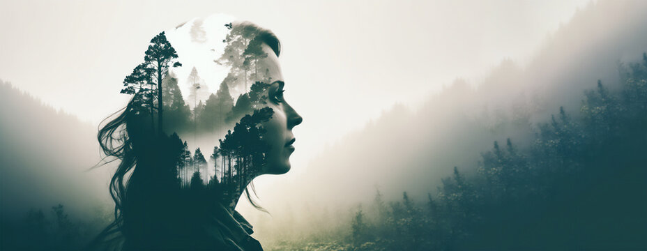 Double exposure image of a woman and mountain landscape 