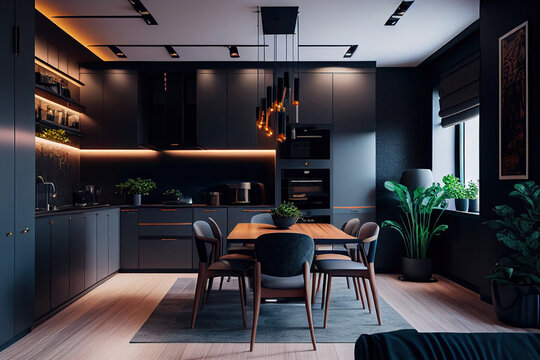 An Ultra Modern, Spacious Apartment With A Trendy Luxury Kitchen Decor In Dark Hues, Very Cool Led Lighting, An Island For Cooking, And A Dining Room