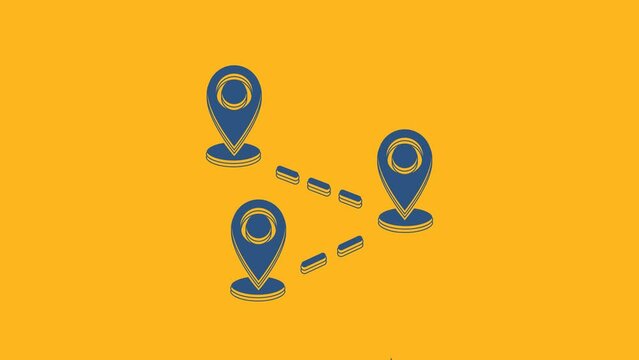 Blue Route location icon isolated on orange background. Map pointer sign. Concept of path or road. GPS navigator. 4K Video motion graphic animation