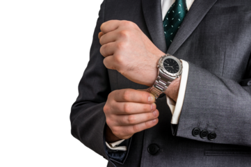 Businessman in black suit checking time from watch
