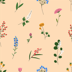 Floral pattern, seamless botanical background. Field and meadow flowers, repeating print. Wild blooming plants, endless natural texture design for textile, fabric, wallpaper. Flat vector illustration