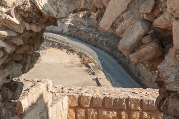 Jordan. Crusader castle El-Karak. Arches of windows in fortress wall for observation and defense....