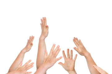 Winner is holding trophy in hands - many hands raised up