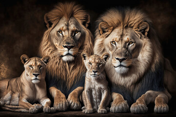 The Pride of Family: A Majestic Portrait of a Lion Family. Generative Ai - obrazy, fototapety, plakaty