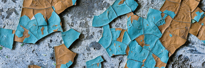 Peeling paint on the wall. Panorama of a concrete wall with old cracked flaking paint. Weathered rough painted surface with patterns of cracks and peeling. Panoramic texture for background and design.